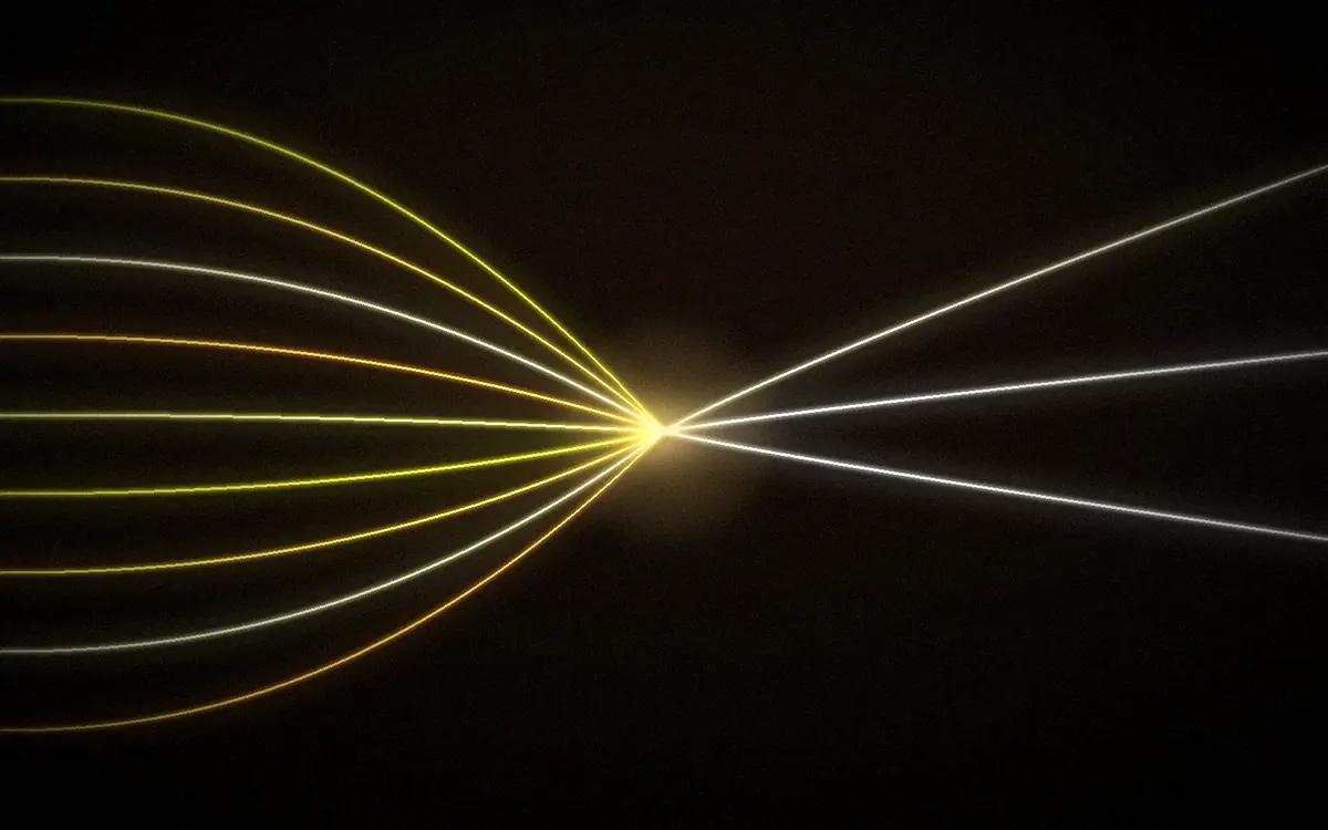 Golden light trails converging into one bright point and splitting into equal paths